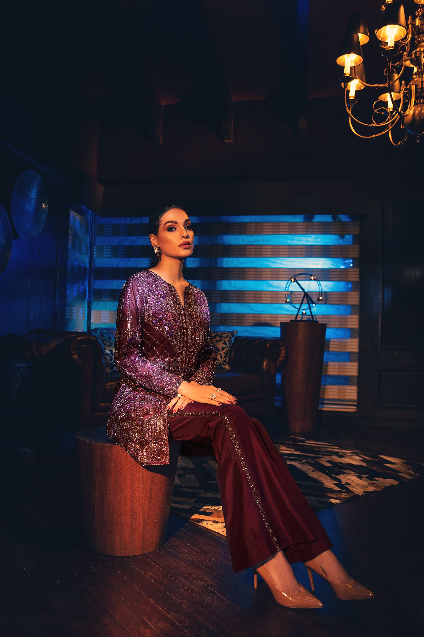 Pakistani Deep Amethyst Embellished Raw Silk Jacket & Pants (2-Piece) - Image 9