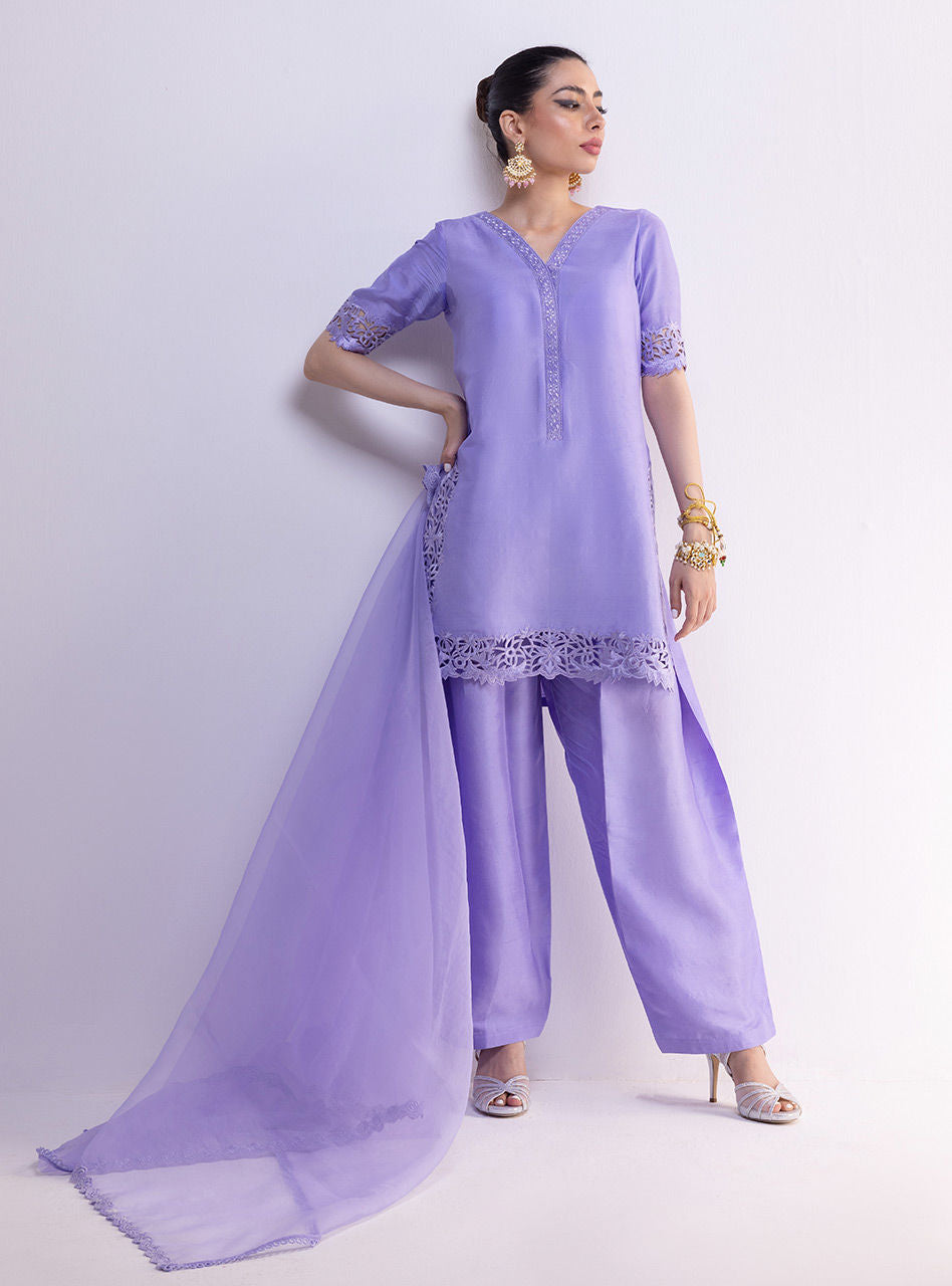 Lavender Cutwork Raw Silk & Organza Kurta Set (3-Piece) - Image 1