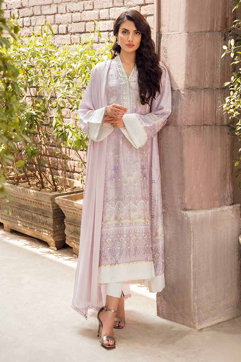 Pakistani Lavender Embroidered Raw Silk Salwar Kameez (3-Piece) - Image 1