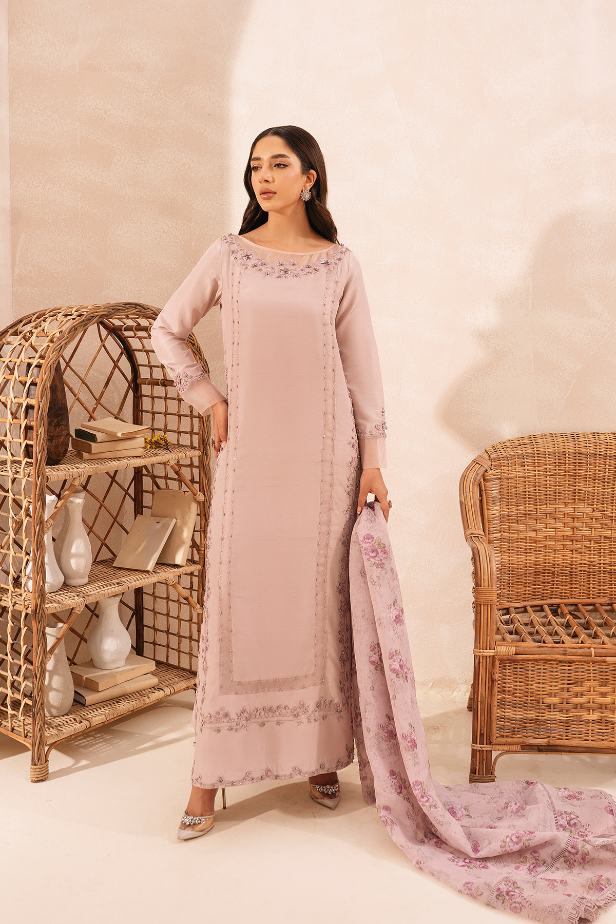 Pakistani Lilac Embroidered Raw Silk Salwar Kameez (3-Piece) - Image 1