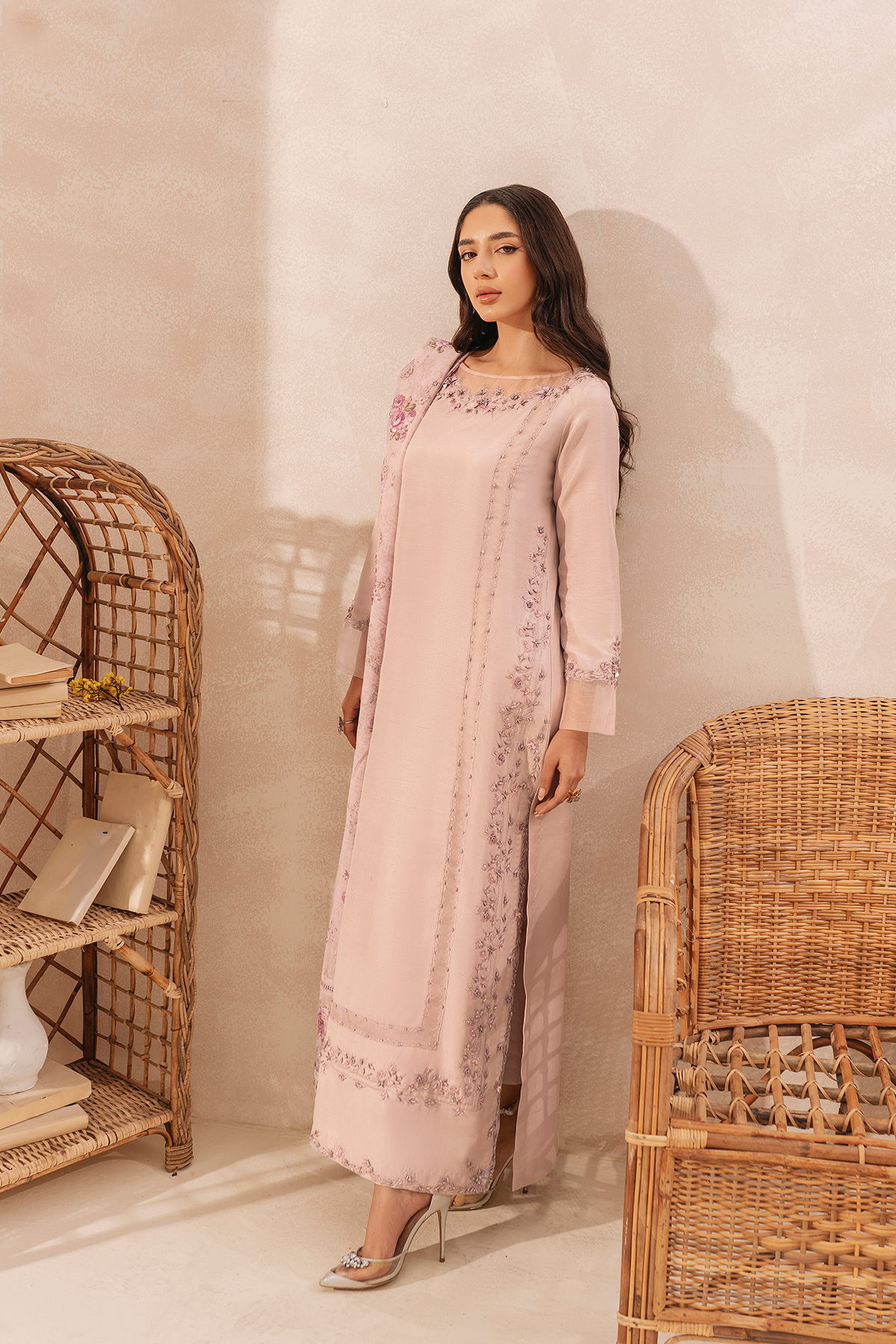 Pakistani Lilac Embroidered Raw Silk Salwar Kameez (3-Piece) - Image 3