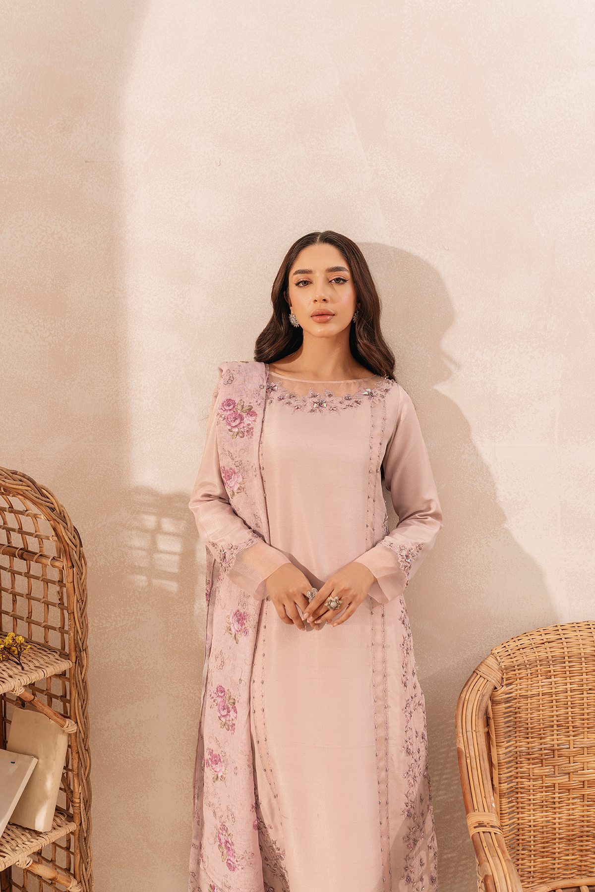 Pakistani Lilac Embroidered Raw Silk Salwar Kameez (3-Piece) - Image 4