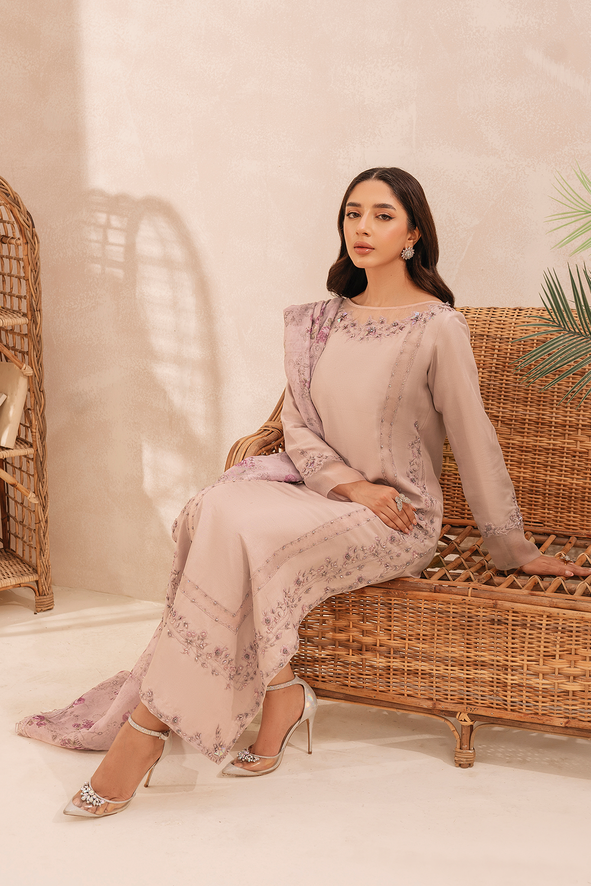 Pakistani Lilac Embroidered Raw Silk Salwar Kameez (3-Piece) - Image 5
