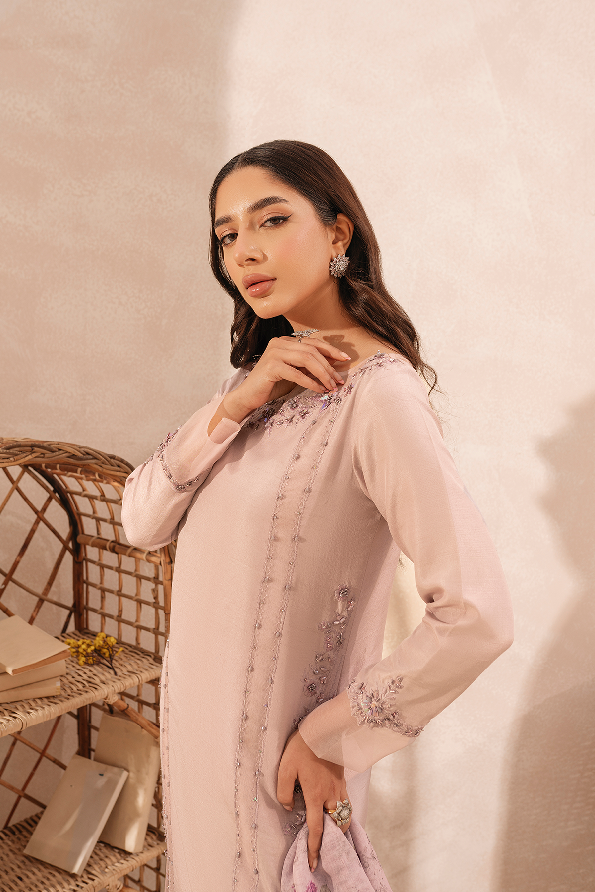 Pakistani Lilac Embroidered Raw Silk Salwar Kameez (3-Piece) - Image 6