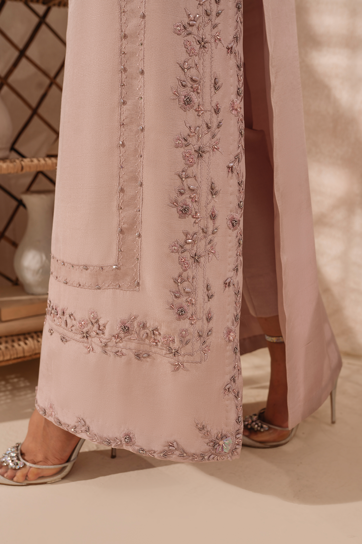 Pakistani Lilac Embroidered Raw Silk Salwar Kameez (3-Piece) - Image 7