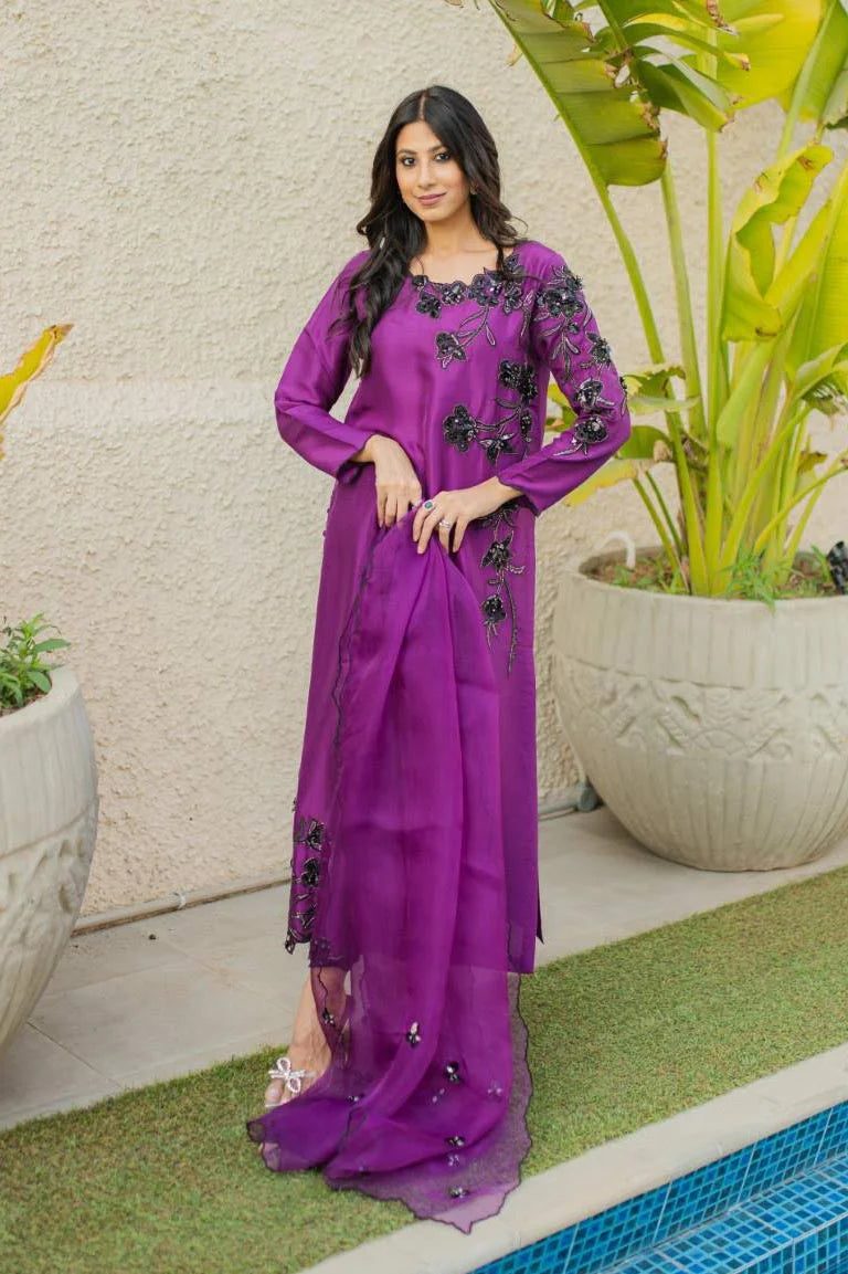 Aubergine Floral Appliqué Raw Silk Salwar Kameez (3-Piece) - Image 1