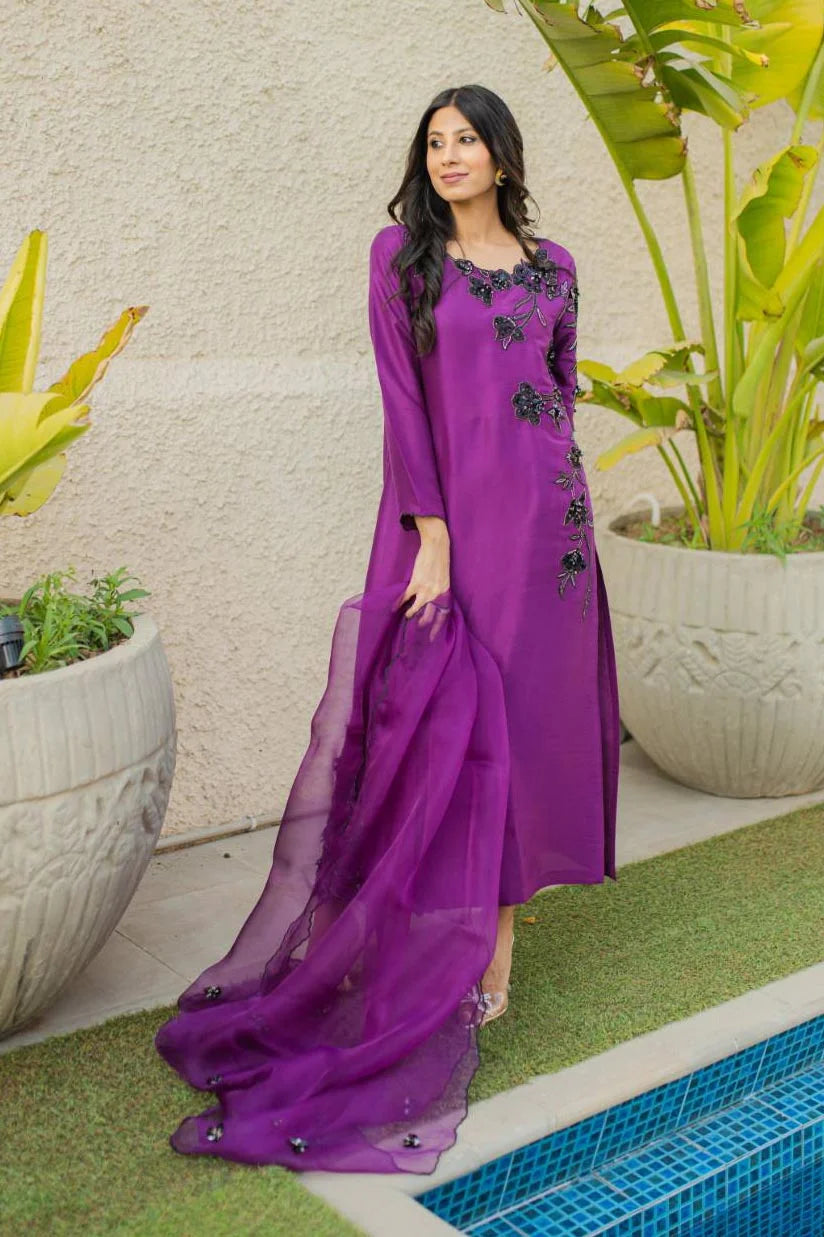 Aubergine Floral Appliqué Raw Silk Salwar Kameez (3-Piece) - Image 2