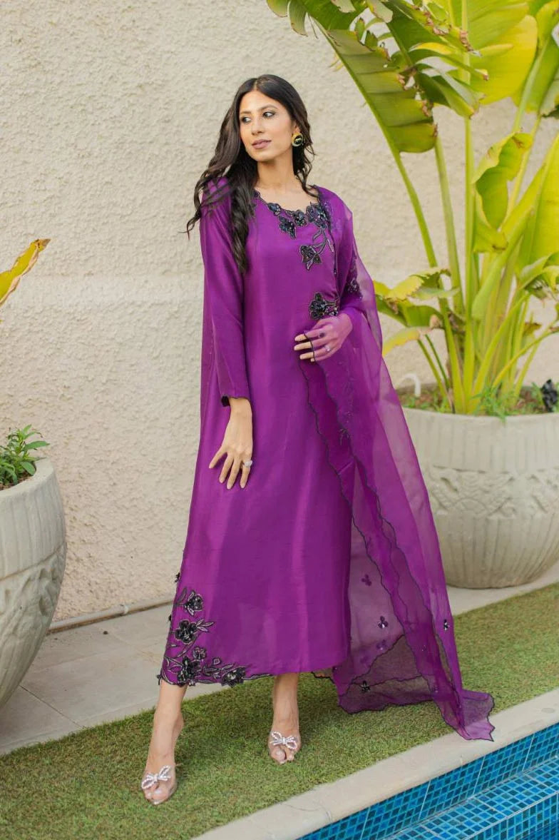 Aubergine Floral Appliqué Raw Silk Salwar Kameez (3-Piece) - Image 3