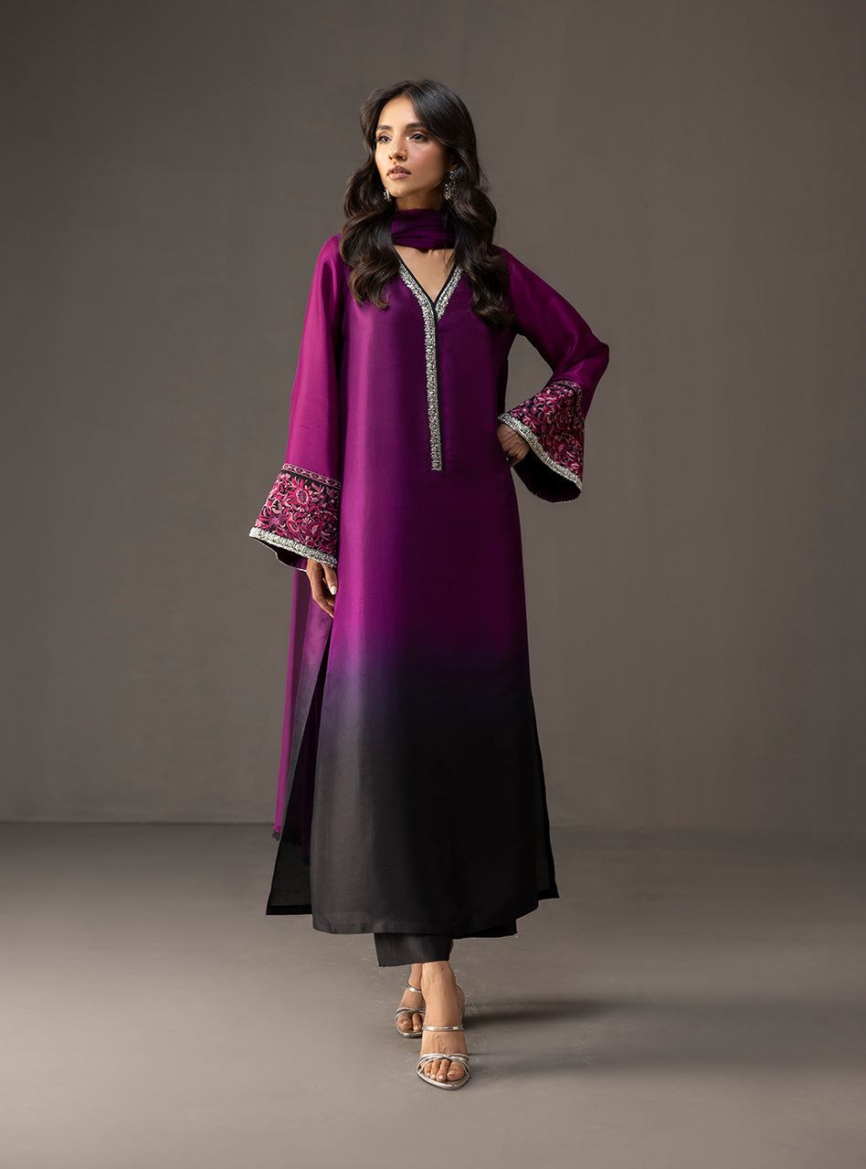 Plum to Black Embroidered Raw Silk Salwar Kameez (3-Piece) - Image 1