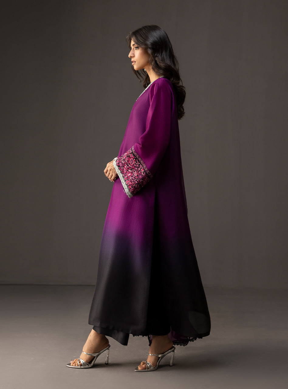 Plum to Black Embroidered Raw Silk Salwar Kameez (3-Piece) - Image 5