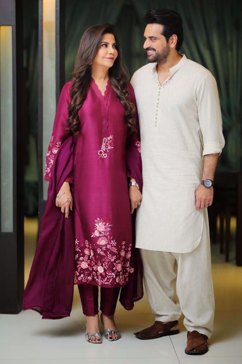 Plum Embroidered Raw Silk Salwar Kameez (3-Piece) - Image 1