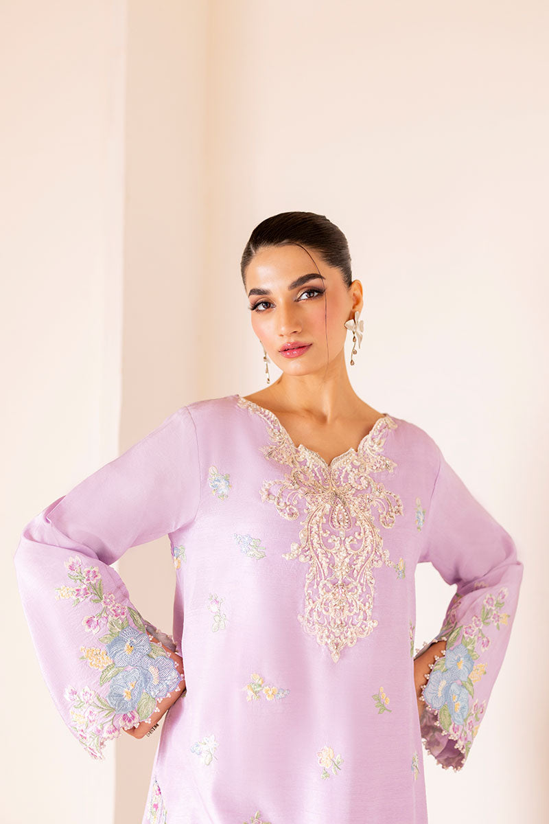 Pakistani Lilac Embroidered Korean Raw Silk Salwar Kameez (3-Piece) - Image 2