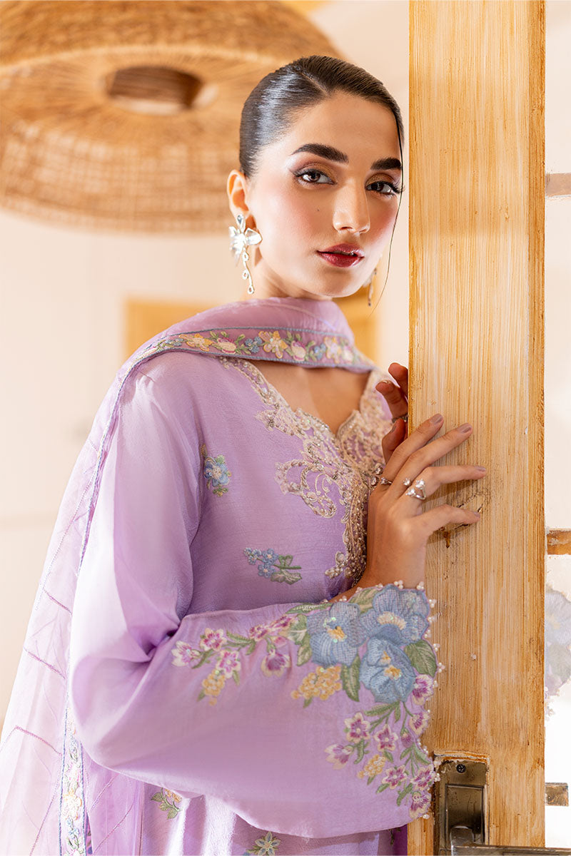 Pakistani Lilac Embroidered Korean Raw Silk Salwar Kameez (3-Piece) - Image 4