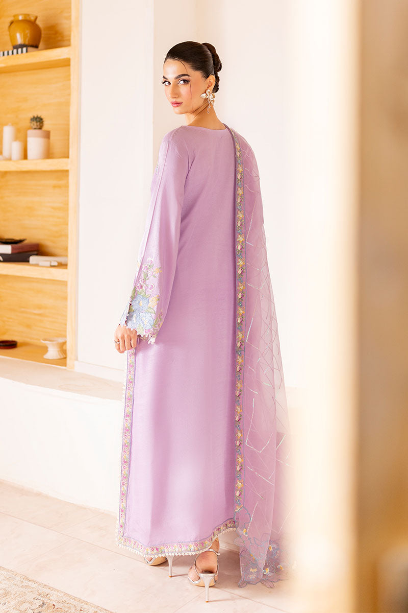 Pakistani Lilac Embroidered Korean Raw Silk Salwar Kameez (3-Piece) - Image 6