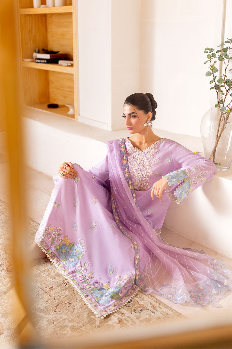 Pakistani Lilac Embroidered Korean Raw Silk Salwar Kameez (3-Piece) - Image 7