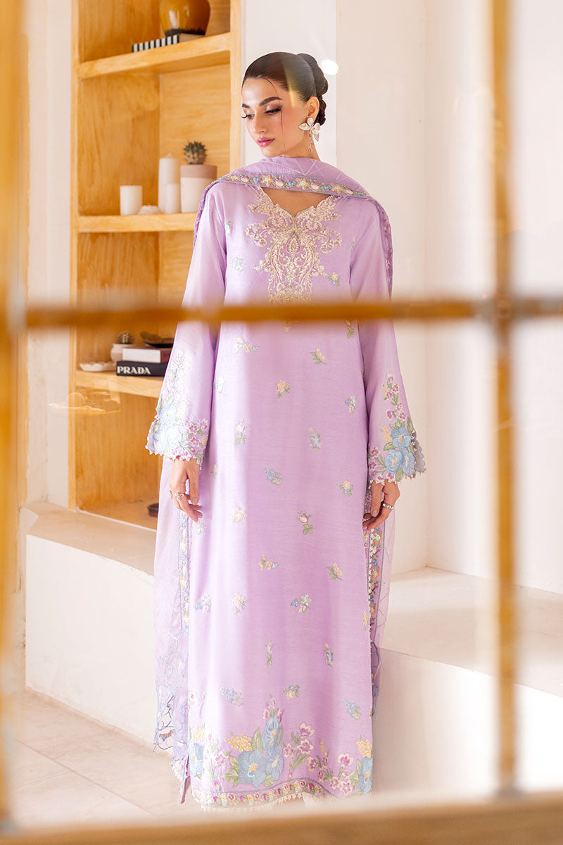 Pakistani Lilac Embroidered Korean Raw Silk Salwar Kameez (3-Piece) - Image 8