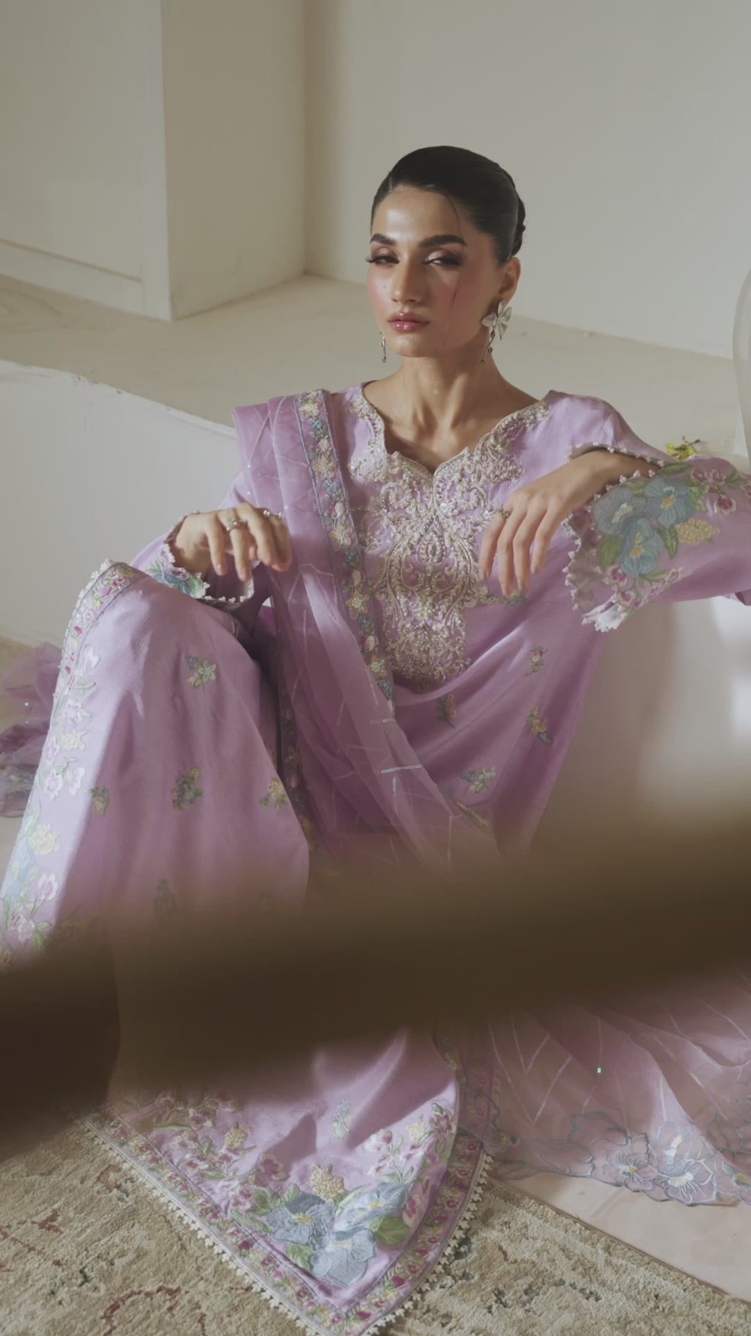 Pakistani Lilac Embroidered Korean Raw Silk Salwar Kameez (3-Piece) - Image 9