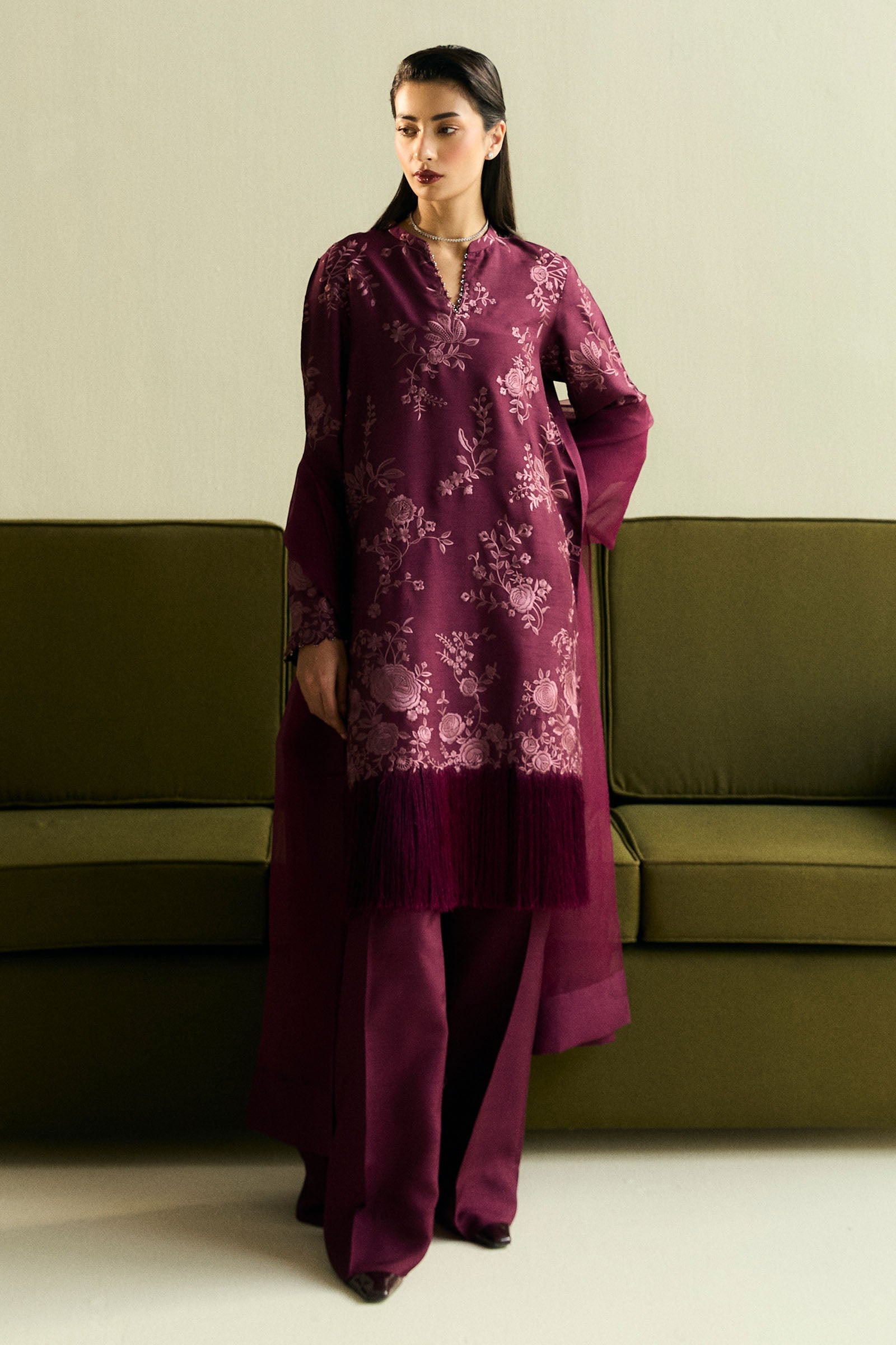 Pakistani Plum Gara Embroidered Raw Silk Salwar Kameez (3-Piece) - Image 1