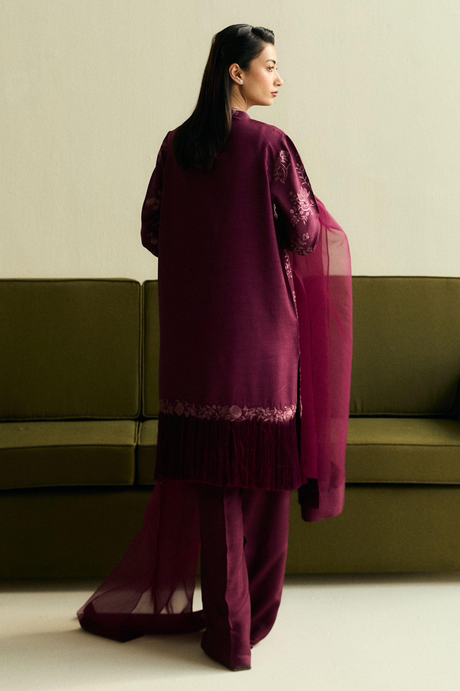 Pakistani Plum Gara Embroidered Raw Silk Salwar Kameez (3-Piece) - Image 3