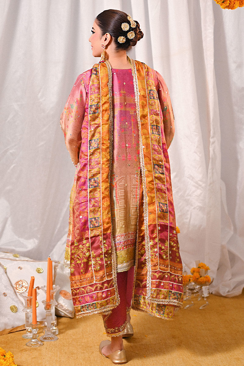 Pakistani Purple Ombre Embroidered Raw Silk Salwar Kameez (3-Piece) - Image 3