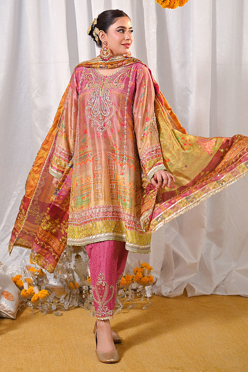 Pakistani Purple Ombre Embroidered Raw Silk Salwar Kameez (3-Piece) - Image 5