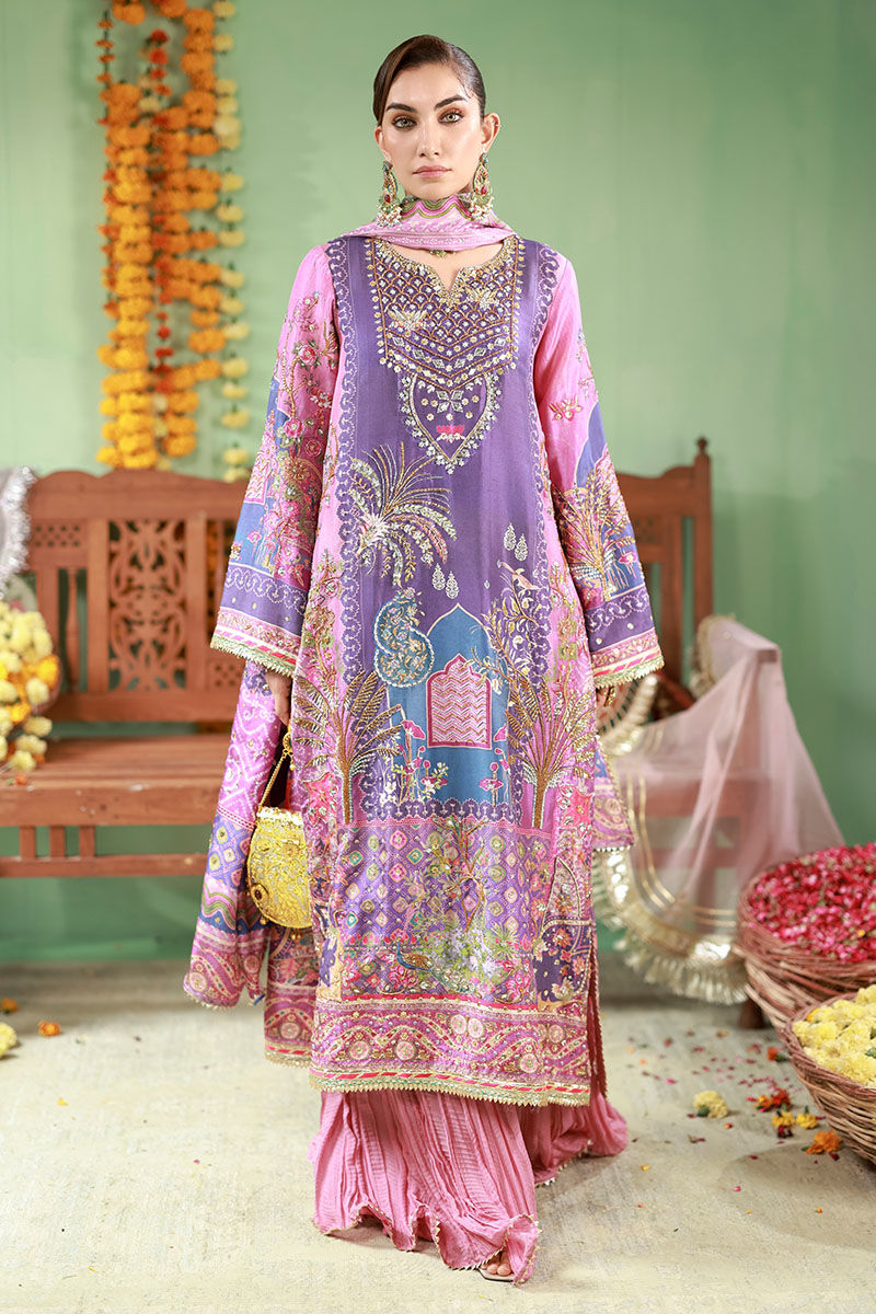 Pakistani Purple Embellished Raw Silk Salwar Kameez (3-Piece) - Image 1
