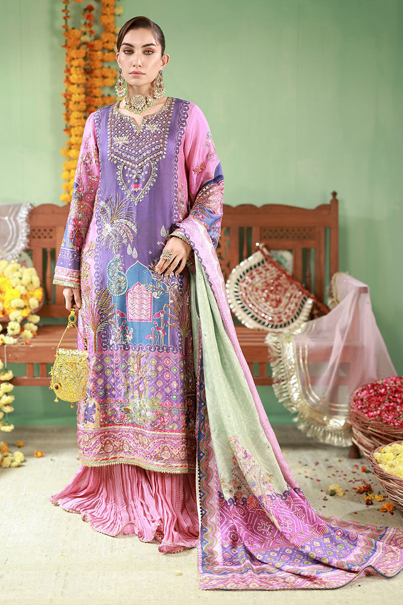 Pakistani Purple Embellished Raw Silk Salwar Kameez (3-Piece) - Image 4