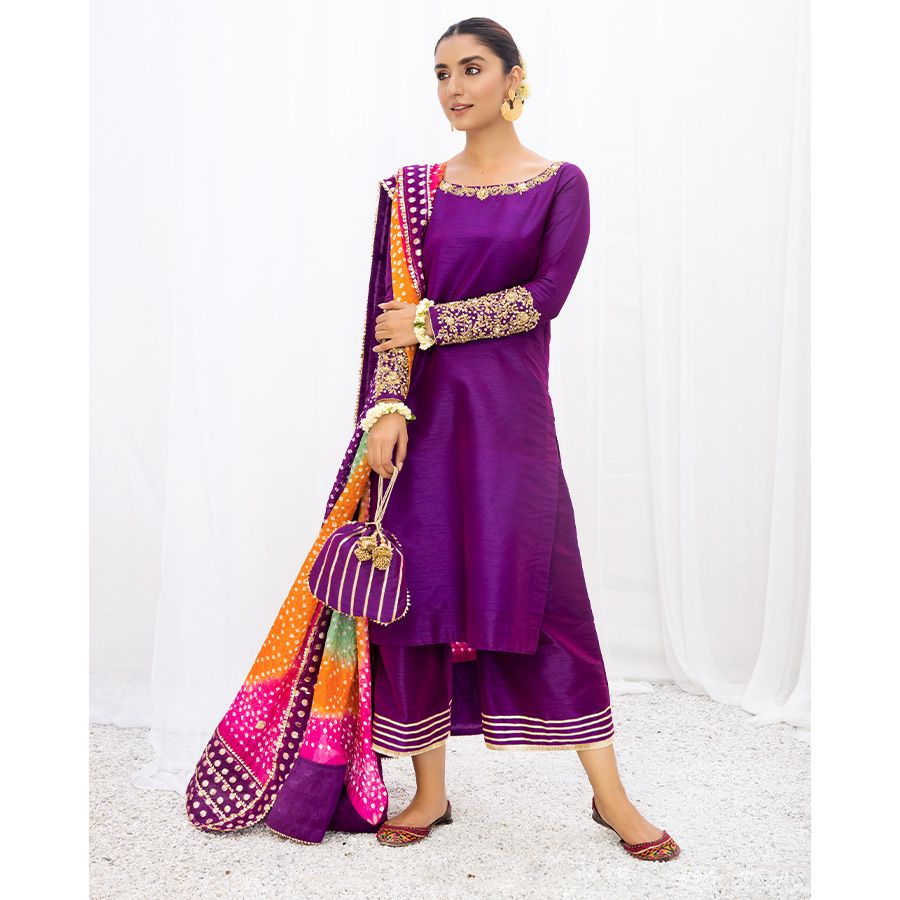 Pakistani Pansy Purple Embroidered Raw Silk Kurta Set (4-Piece) - Image 1