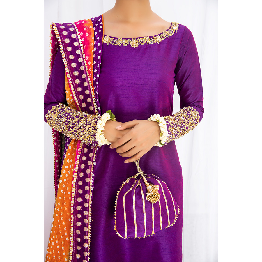 Pakistani Pansy Purple Embroidered Raw Silk Kurta Set (4-Piece) - Image 2