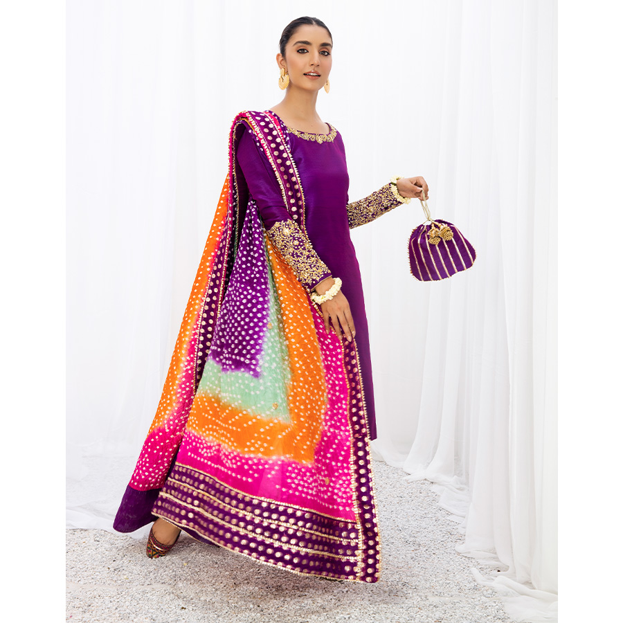 Pakistani Pansy Purple Embroidered Raw Silk Kurta Set (4-Piece) - Image 3