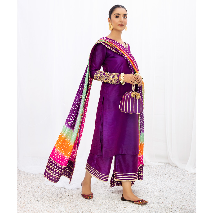Pakistani Pansy Purple Embroidered Raw Silk Kurta Set (4-Piece) - Image 4
