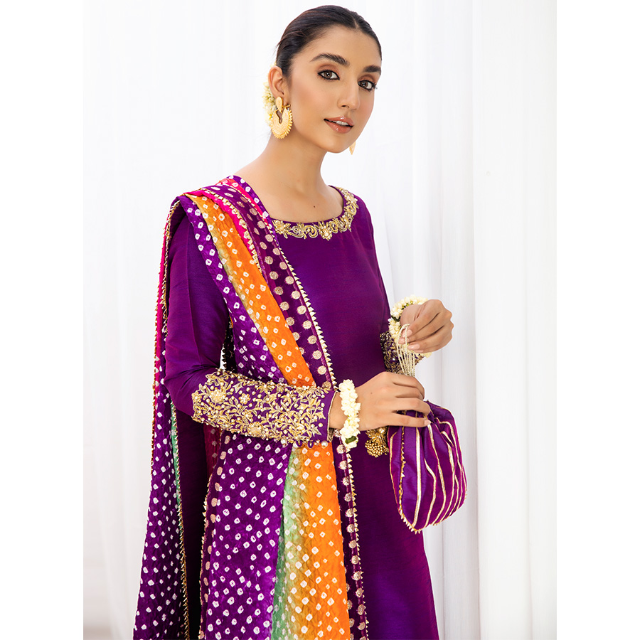 Pakistani Pansy Purple Embroidered Raw Silk Kurta Set (4-Piece) - Image 5