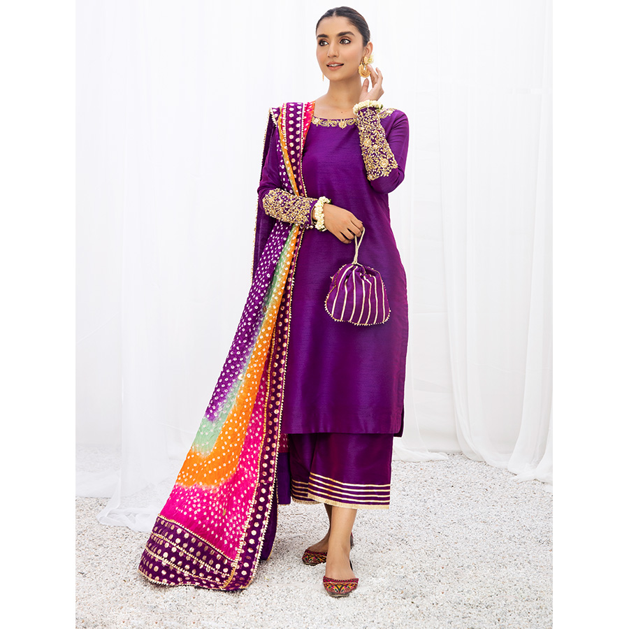 Pakistani Pansy Purple Embroidered Raw Silk Kurta Set (4-Piece) - Image 6