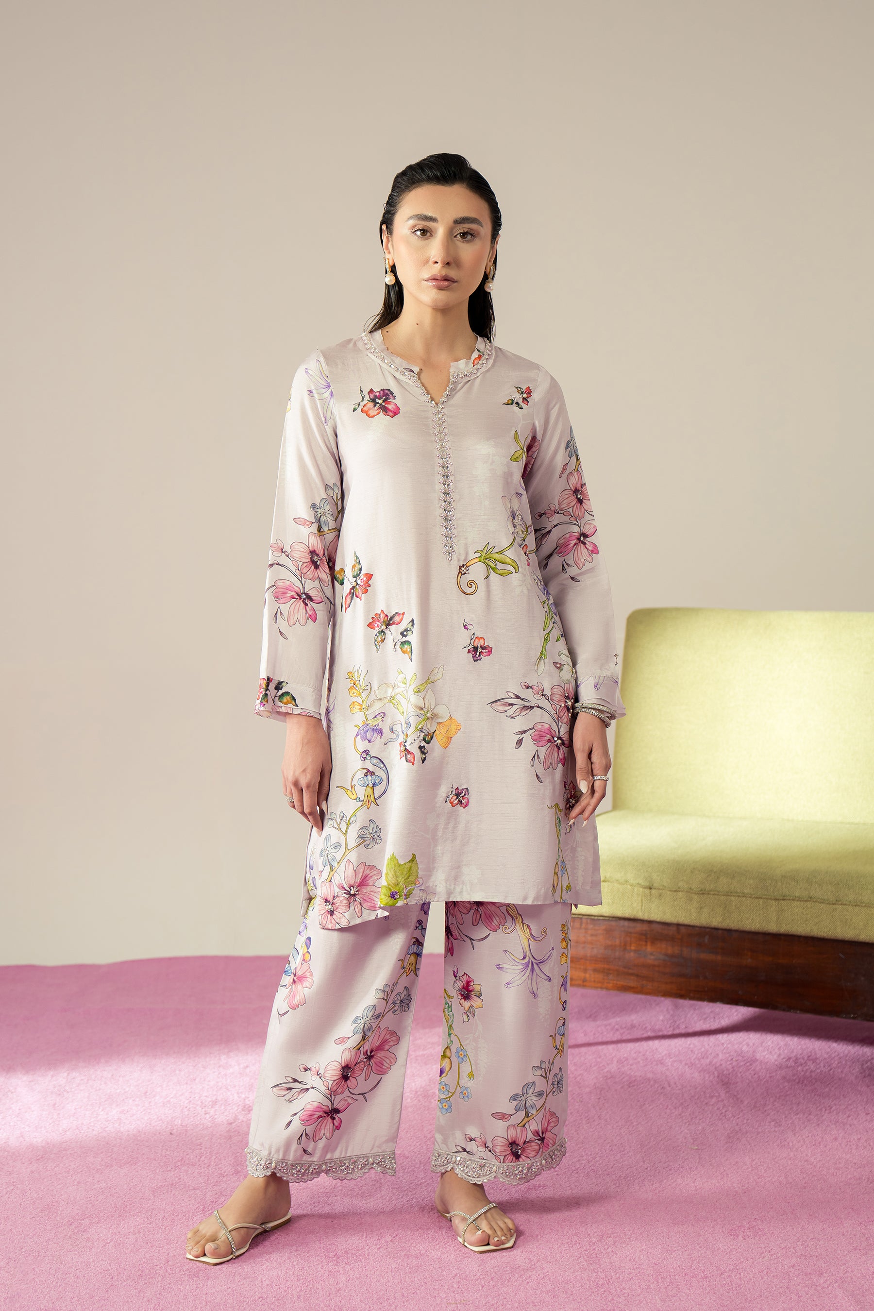Pakistani Lavender Floral Printed Blended Raw Silk Co-ord Set (2-Piece) - Image 1