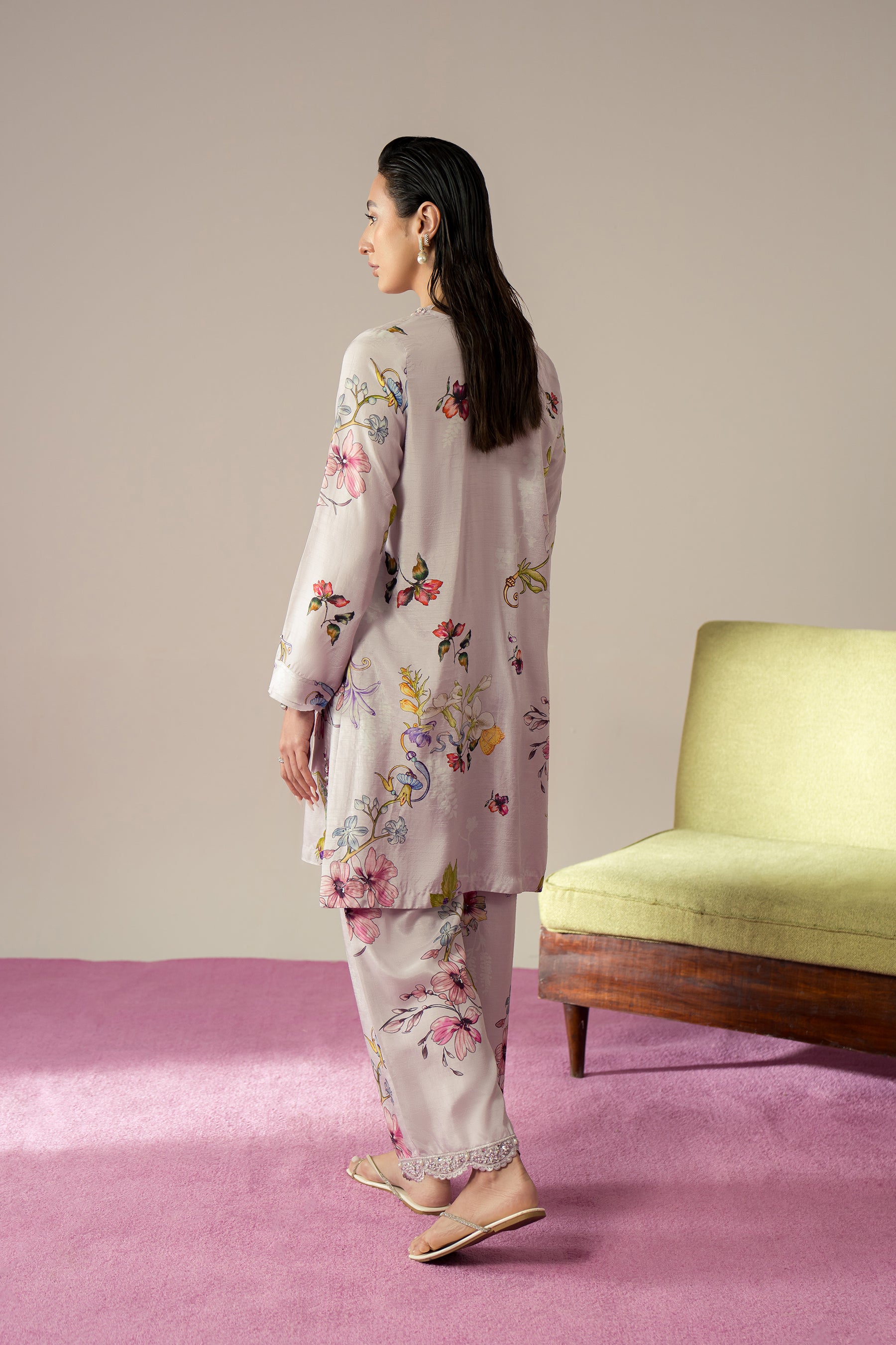 Pakistani Lavender Floral Printed Blended Raw Silk Co-ord Set (2-Piece) - Image 2