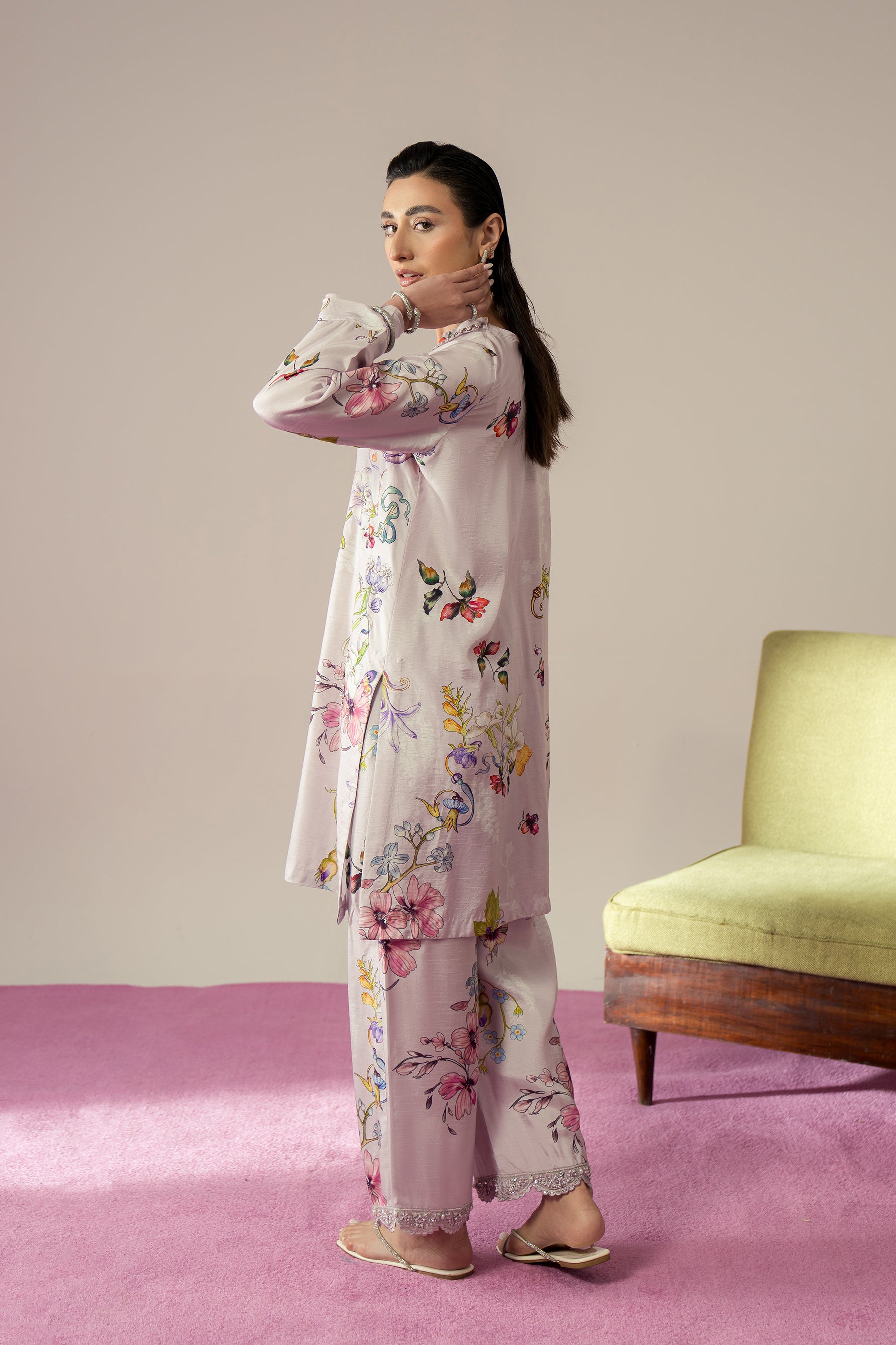 Pakistani Lavender Floral Printed Blended Raw Silk Co-ord Set (2-Piece) - Image 3