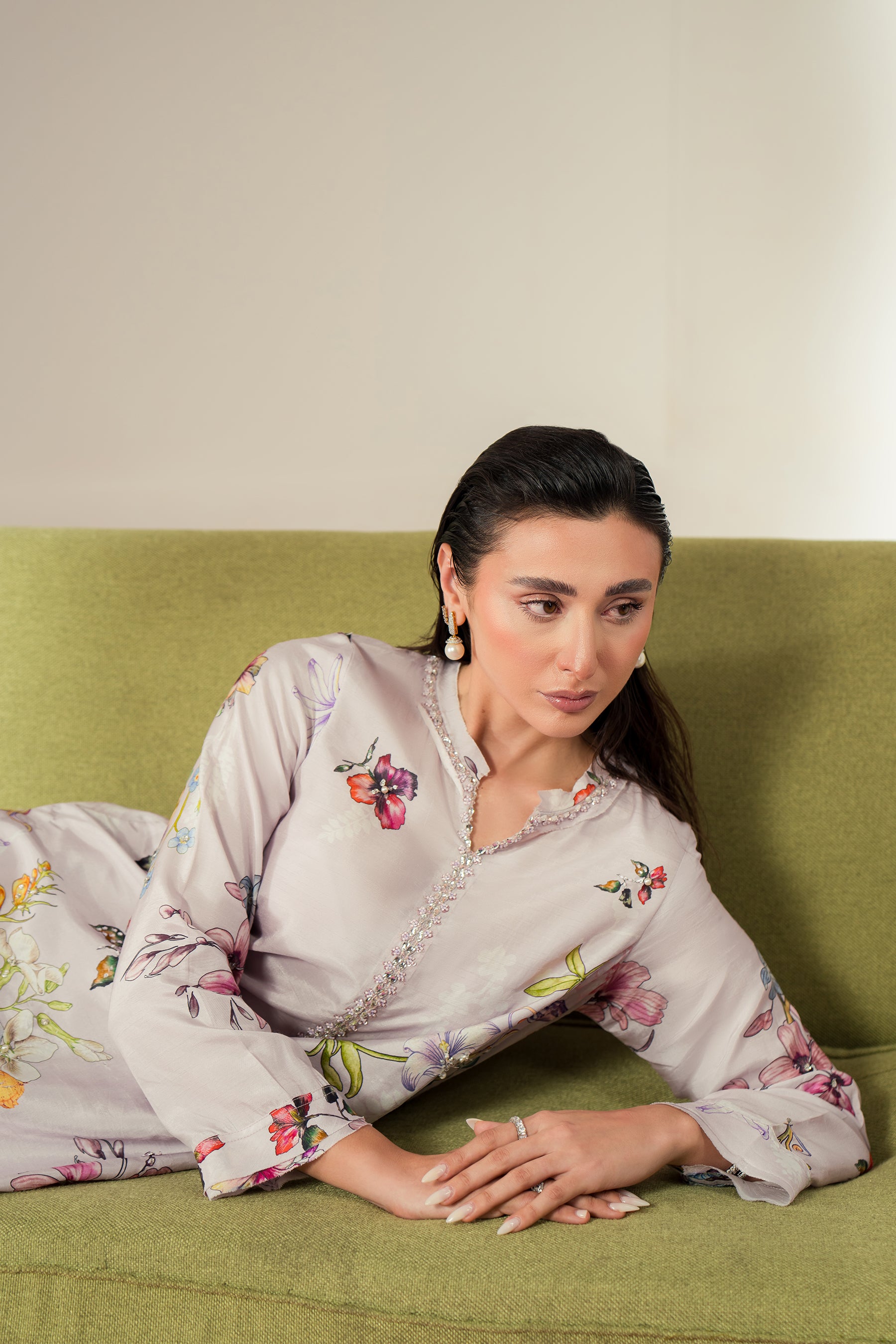 Pakistani Lavender Floral Printed Blended Raw Silk Co-ord Set (2-Piece) - Image 4