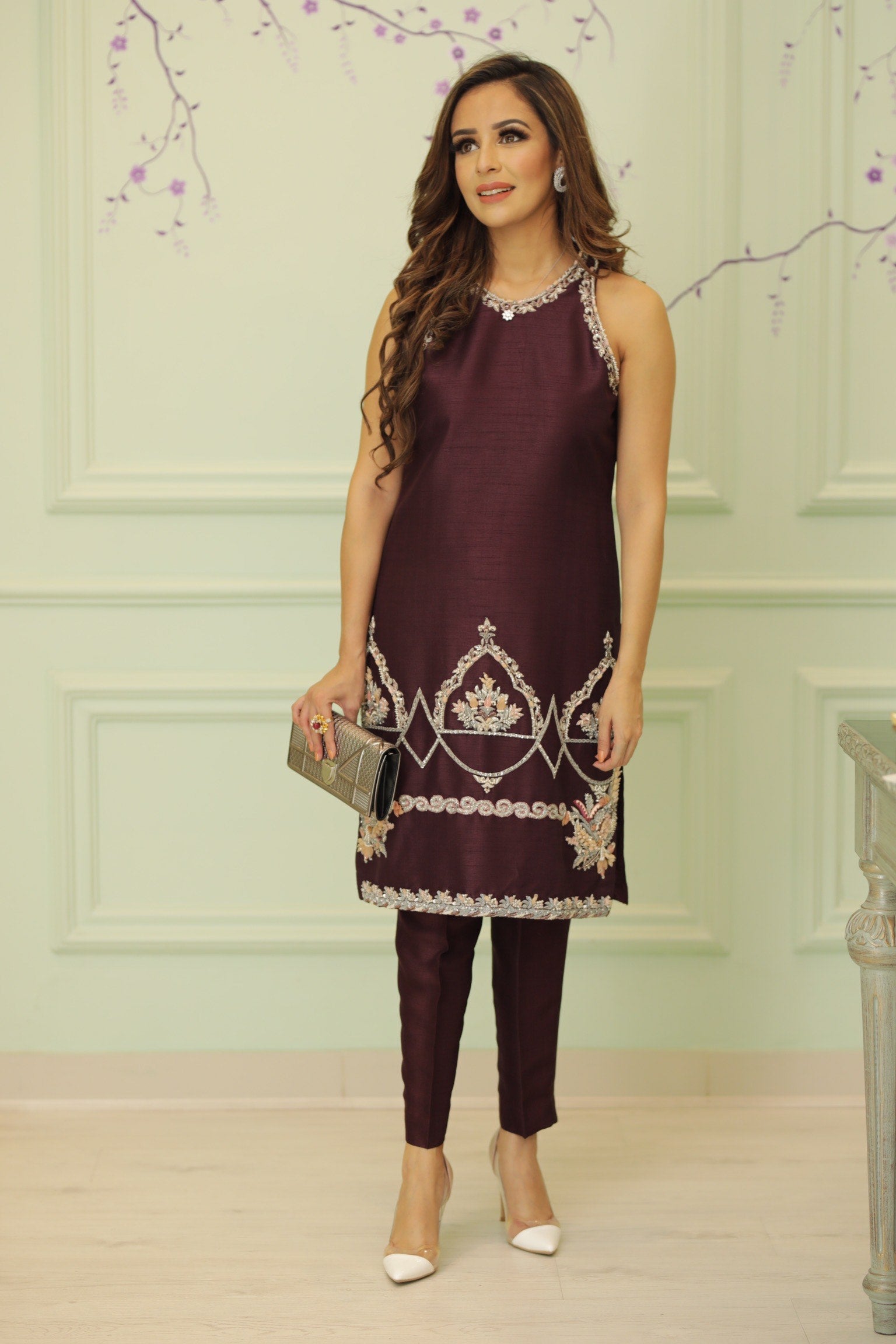 Pakistani Plum Hand-Embellished Raw Silk Halter Kameez (2-Piece) - Image 4