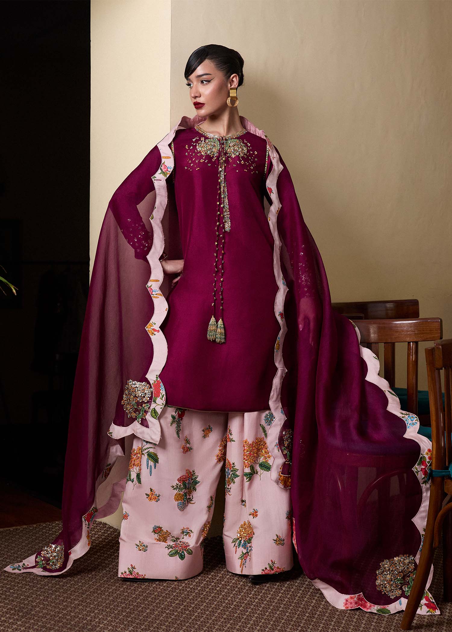 Purple Plum Hand Embroidered Raw Silk Salwar Kameez (3-Piece) - Image 3