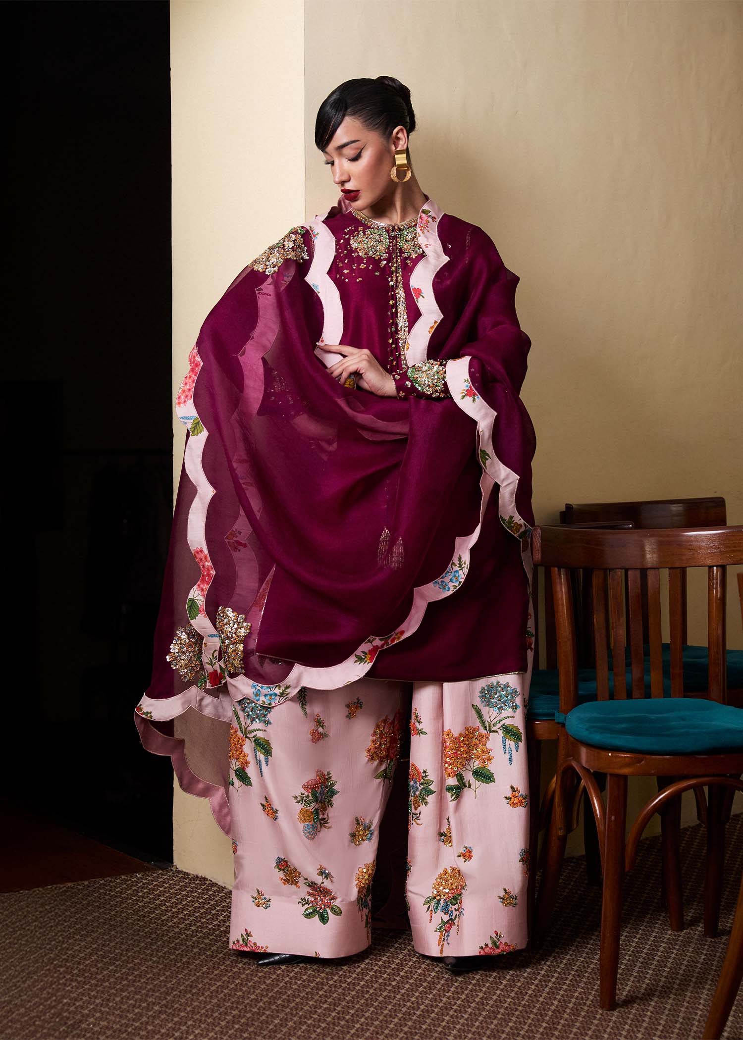 Purple Plum Hand Embroidered Raw Silk Salwar Kameez (3-Piece) - Image 4