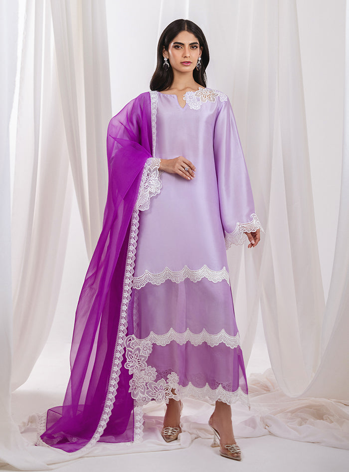 Lavender Lace Raw Silk Salwar Kameez (3-Piece) - Image 1