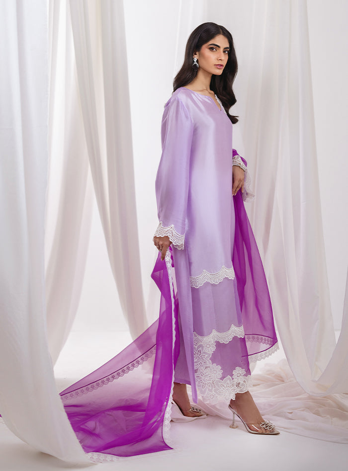 Lavender Lace Raw Silk Salwar Kameez (3-Piece) - Image 3