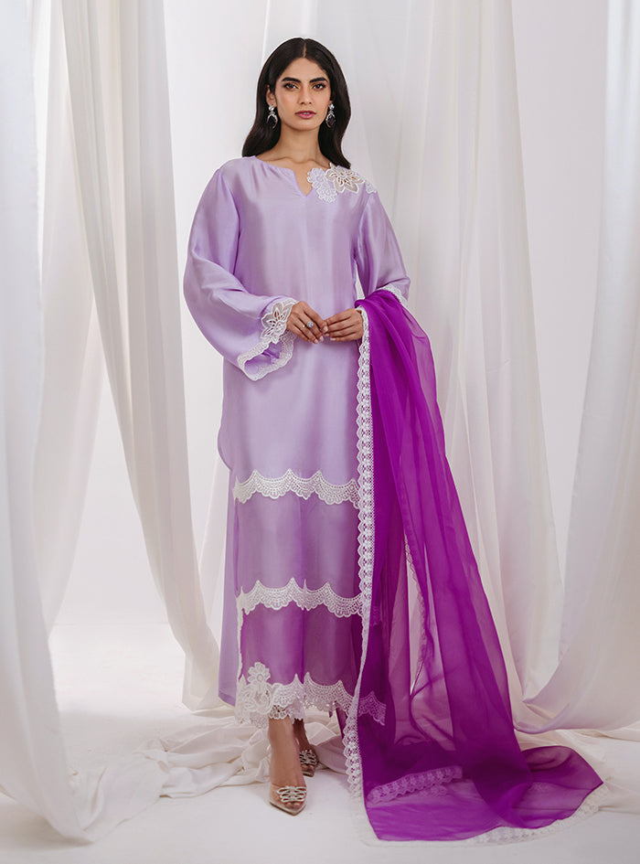 Lavender Lace Raw Silk Salwar Kameez (3-Piece) - Image 7