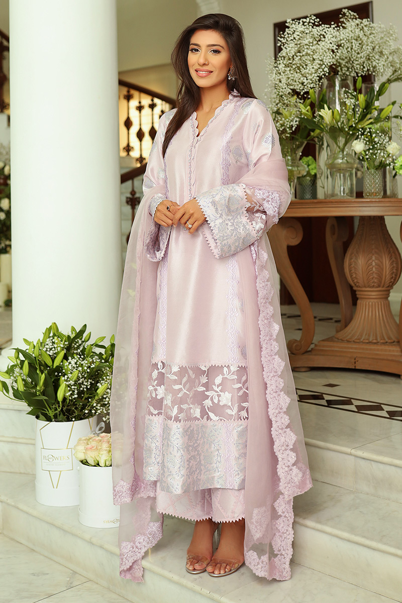 Lavender Embroidered Raw Silk Kurta Set (3-Piece) - Image 1