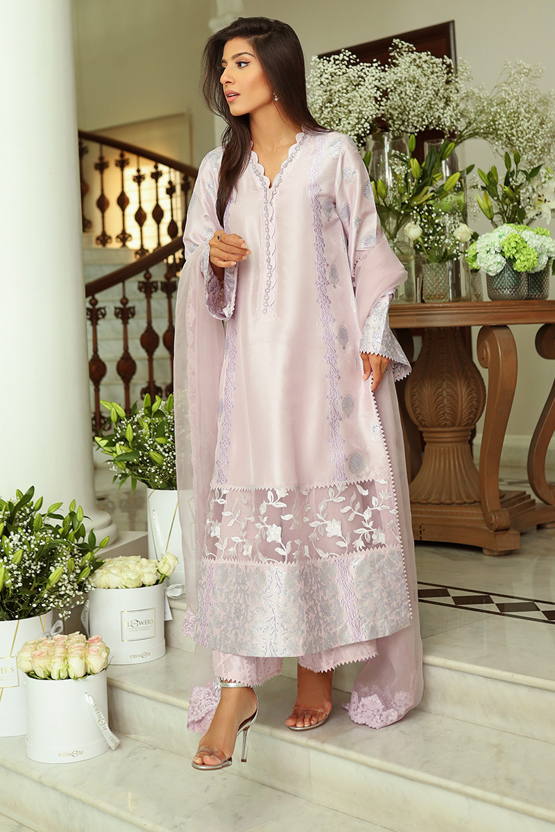 Lavender Embroidered Raw Silk Kurta Set (3-Piece) - Image 4