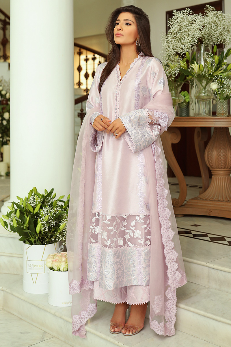 Lavender Embroidered Raw Silk Kurta Set (3-Piece) - Image 5