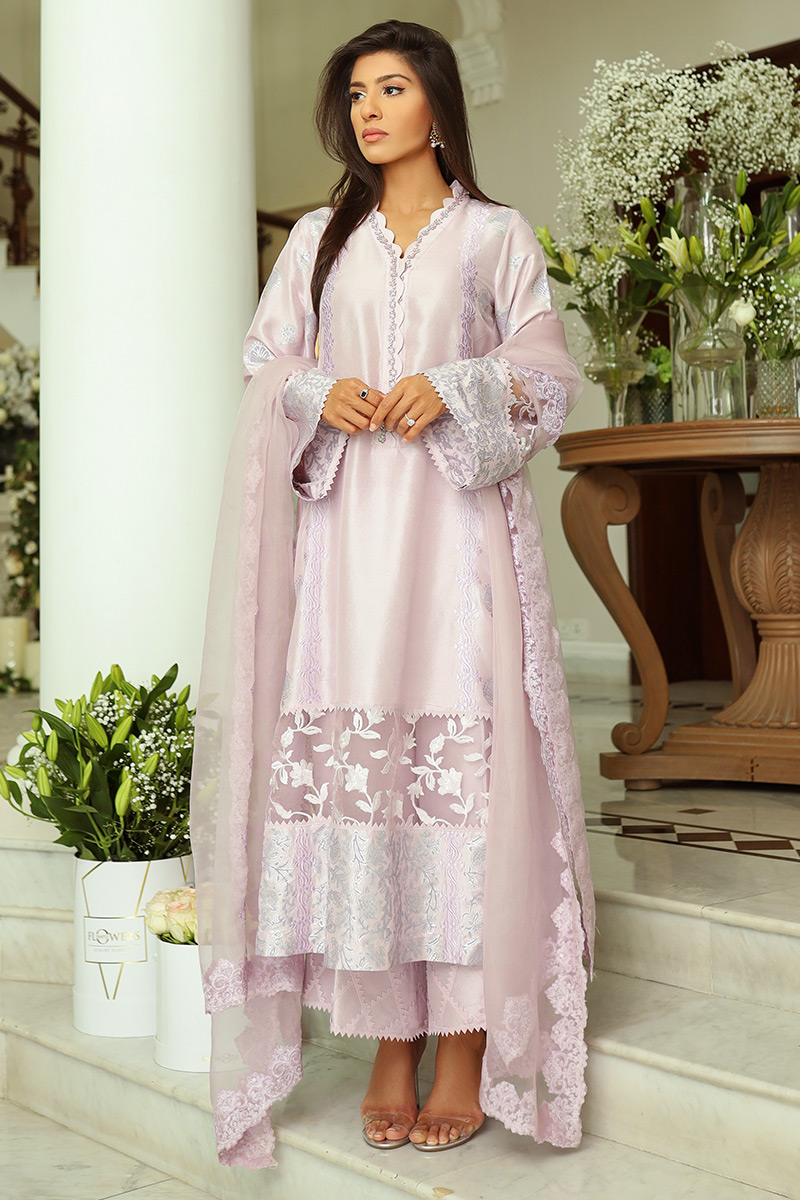 Lavender Embroidered Raw Silk Kurta Set (3-Piece) - Image 7