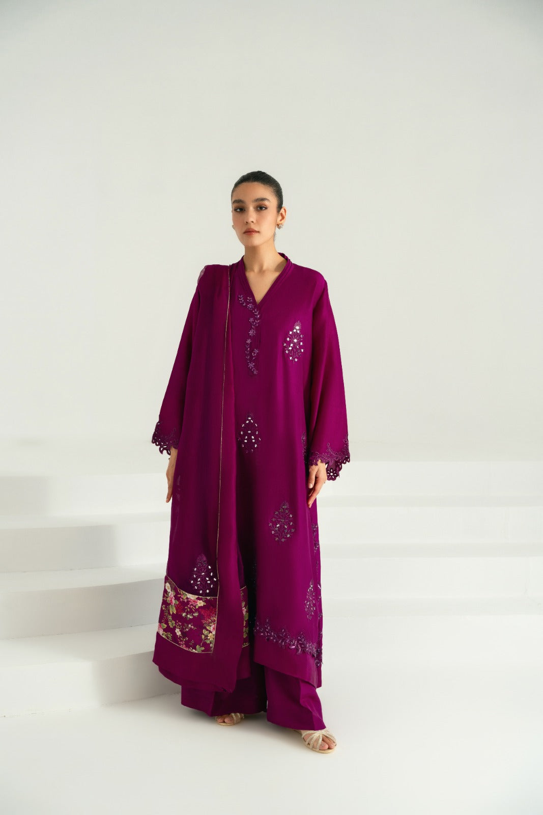Pakistani Magenta Purple Mirror Work Raw Silk Salwar Kameez (3-Piece) - Image 1