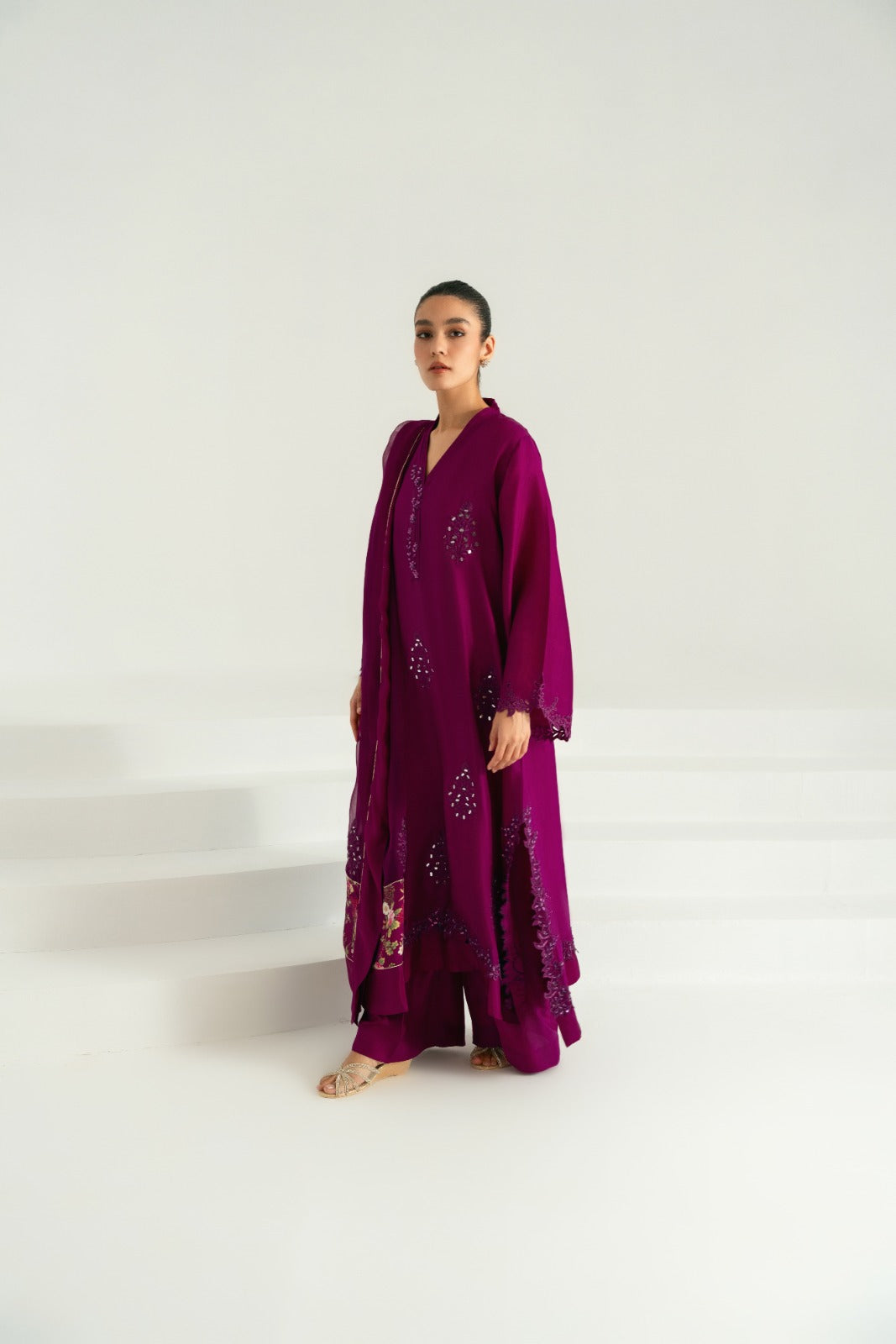 Pakistani Magenta Purple Mirror Work Raw Silk Salwar Kameez (3-Piece) - Image 2