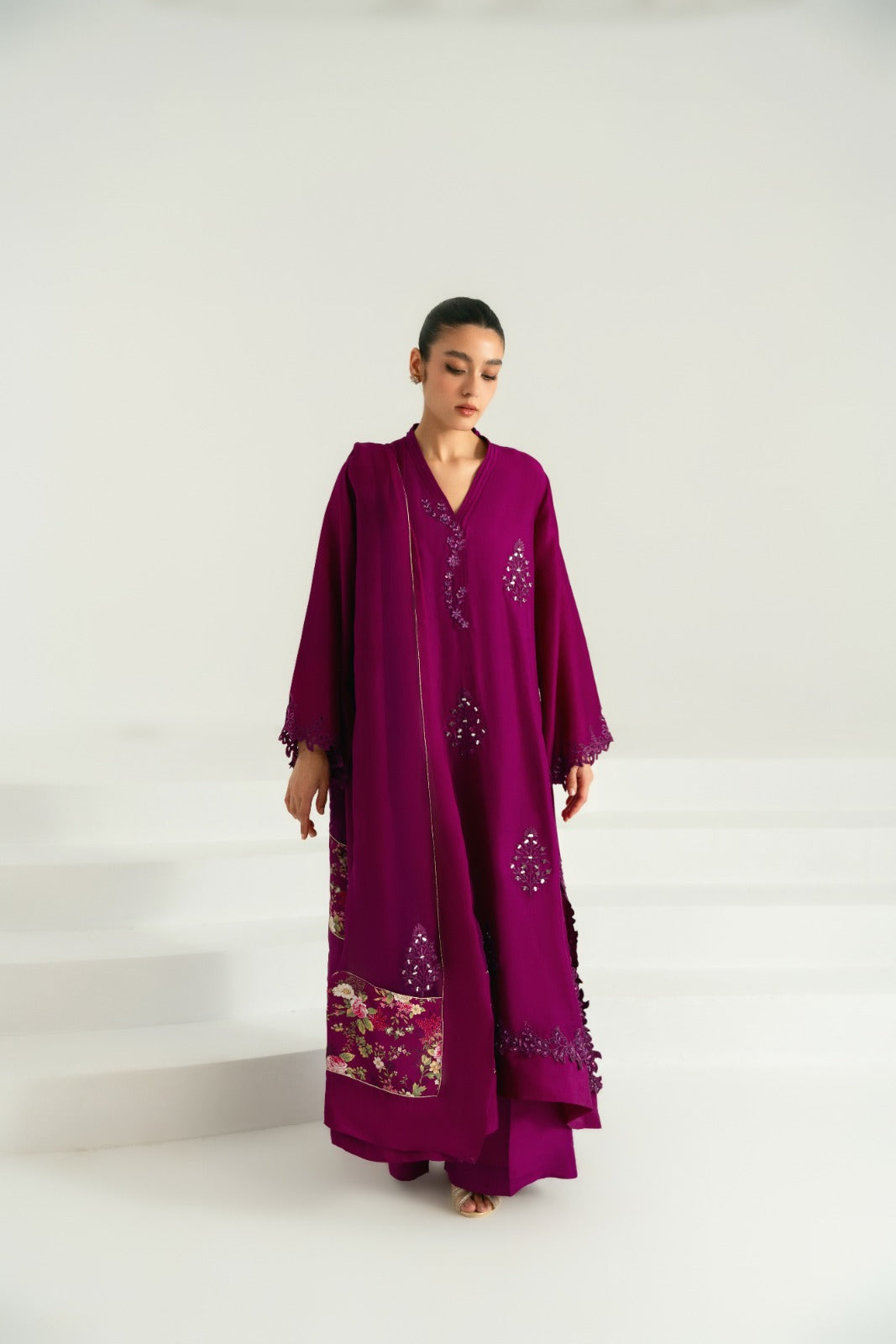 Pakistani Magenta Purple Mirror Work Raw Silk Salwar Kameez (3-Piece) - Image 3
